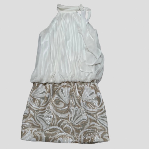 Cache Cream Chiffon Pleated Tie Neck Mini Party Dress with Sequins Print Skirt - Picture 5 of 8